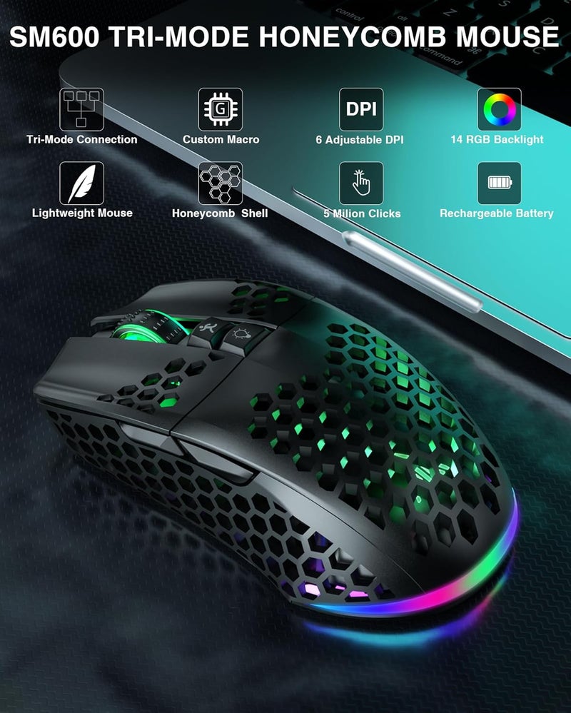 SOLAKAKA SM600 Honeycomb Shell Gaming Mouse Wireless,Tri-Modes BT5.1/2.4G Wireless/Type-C Wired Gamer Mouse with 2 Side Buttons, Macro Programmable and RGB Light for PC/Mac/Laptop,Black - Image 2